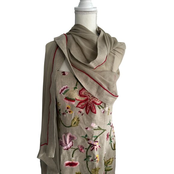 CARLISLE 100% Linen Floral Embroidered Dress and Matching Scarf Shawl - Picture 4 of 14
